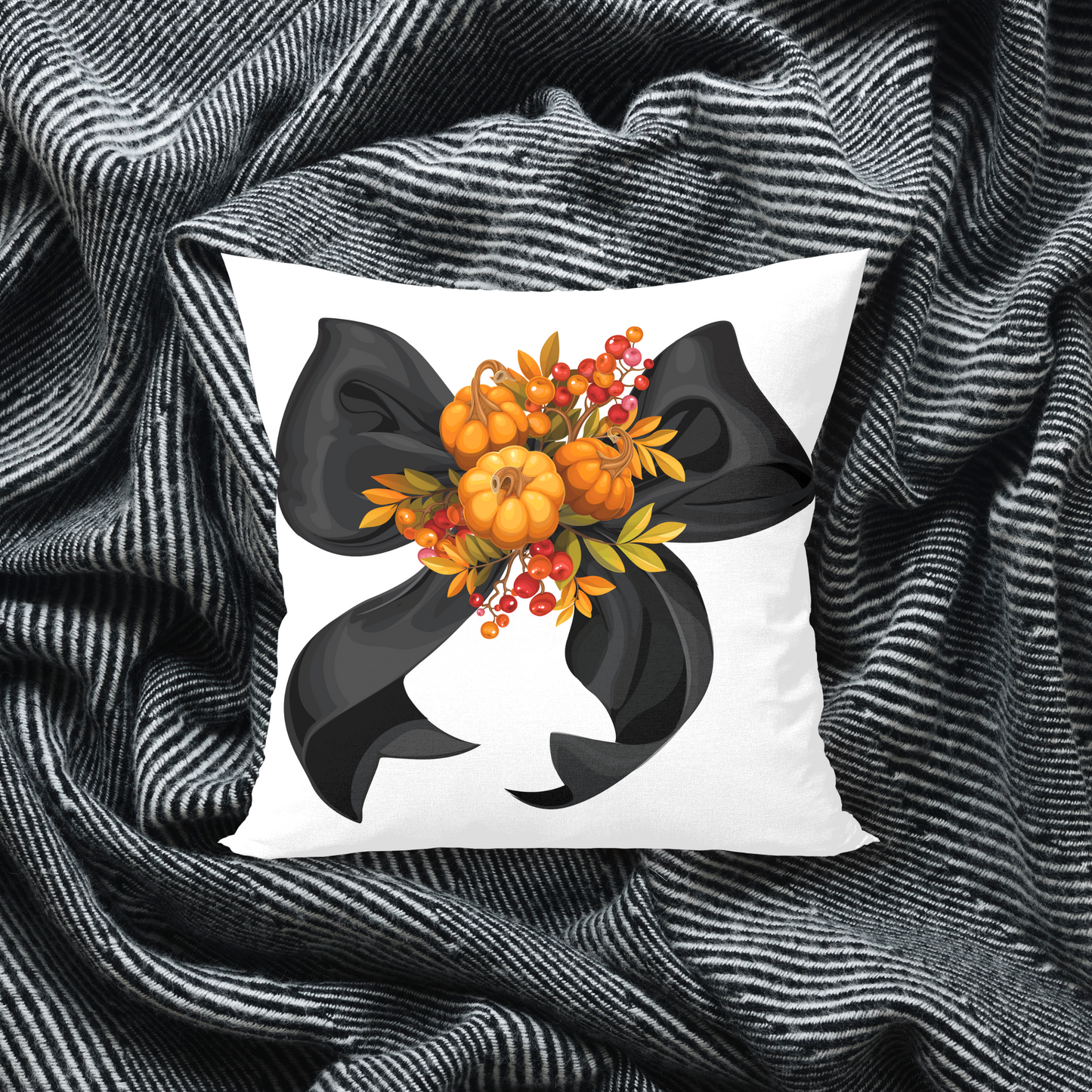 BLACK BOW & PUMPKIN SQUARE PILLOW