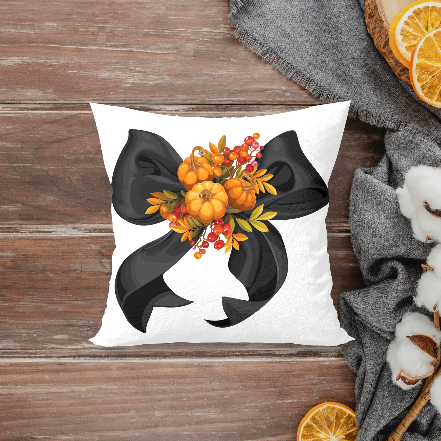 BLACK BOW & PUMPKIN SQUARE PILLOW