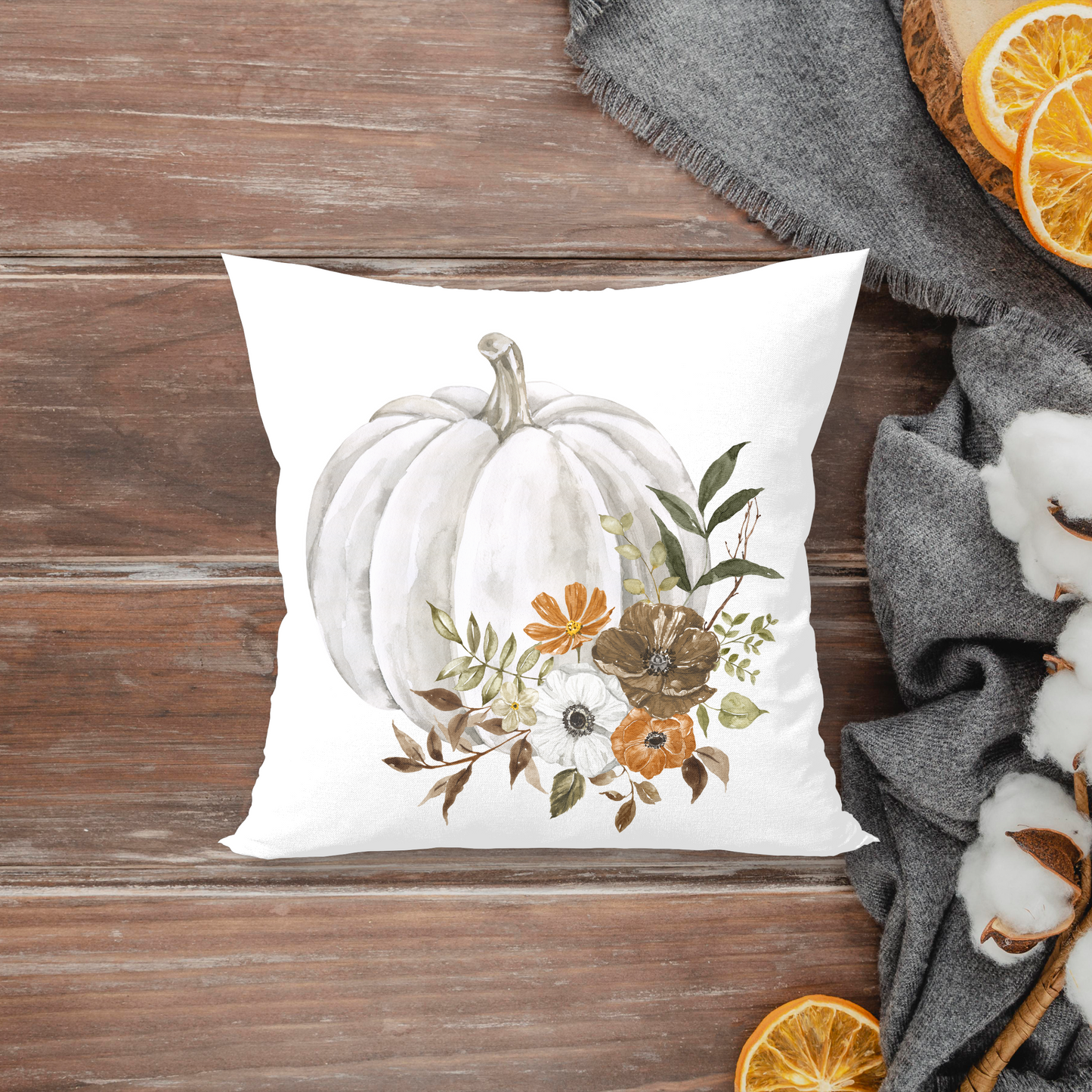 WHITE PUMPKINS & FLOWERS PILLOW